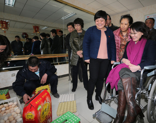 图为海迪主席调研延庆区香水园街道残疾人“温馨家园”，了解残疾人的生活等情况