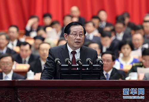 3月3日，中国人民政治协商会议第十三届全国委员会第一次会议在北京人民大会堂开幕。受政协第十二届全国委员会常务委员会委托，万钢向大会报告十二届政协的提案工作情况。新华社记者庞兴雷摄